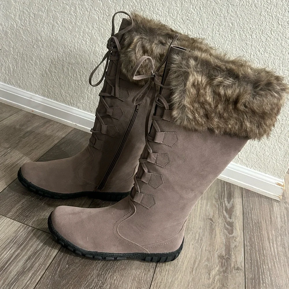 Faux-Fur Trim Taupe Winter Boots - Women's Tall Cold-Weather Boots